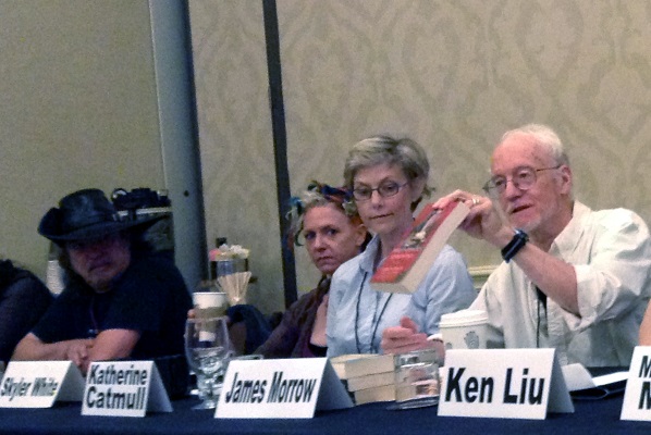 ArmadilloCon 2015 Writers' workshop teachers Steven Brust, Skyler White, Katherine Catmull and James Morrow, who is talking about how various editors and agents tried to make him cut out the book-within-a-book device from The Last Witchfinder. This was the 'when it is time for a write to change direction', a.k.a. career panel.