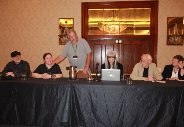 ArmadilloCon 2015 opening ceremonies. Left to right: artist guest Rocky Kelley, co-chairs Jennifer Juday and Charles Siros, toastmaster Stina Leicht, who is about to give a speech, special guest author James Morrow, and editor guest L. Timmel Duchamp.