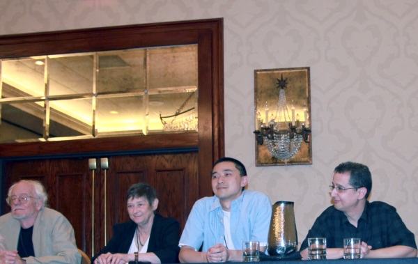 ArmadilloCon 2015 opening ceremonies. Left to right: special guest author James Morrow, editor guest L. Timmel Duchamp, Guest of Honor author Ken Liu, and fan guest John DeNardo.