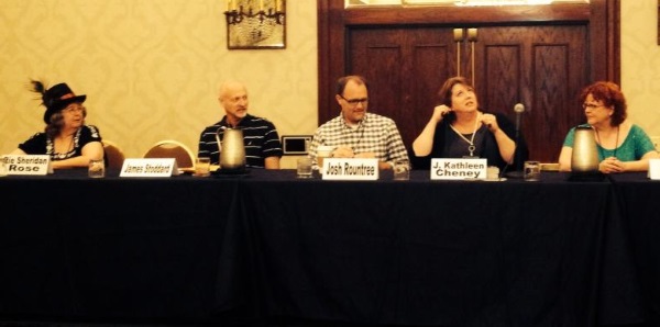 'Stump The Panel: Make Up an SF/F Use for an Everyday Object' at ArmadilloCon. Left to right: Rie Sheridan Rose, James Stoddard, Josh Rountree, Jeannette Kathleen Cheney, and Julia K. Mandala.