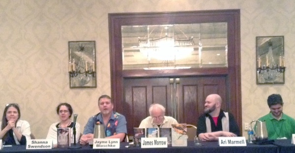 Speculative Fiction as a Mirror to Religion panel at ArmadilloCon 2015: Katherine Kimbriel, Shanna Swendson, Jayme Lynn Blaschke, special guest James Morrow, Ari Marmell, and Matt Cardin.
