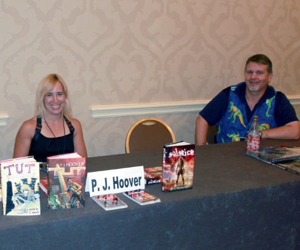 Authors P. J. Hoover and Jayme Lynn Blaschke at their signing at the ArmadilloCon 2015.