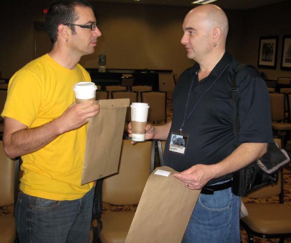 Guest of honor Paolo Bacigalupi, and Pyr editor and author Lou Anders at the ArmadilloCon 2011 writers' workshop