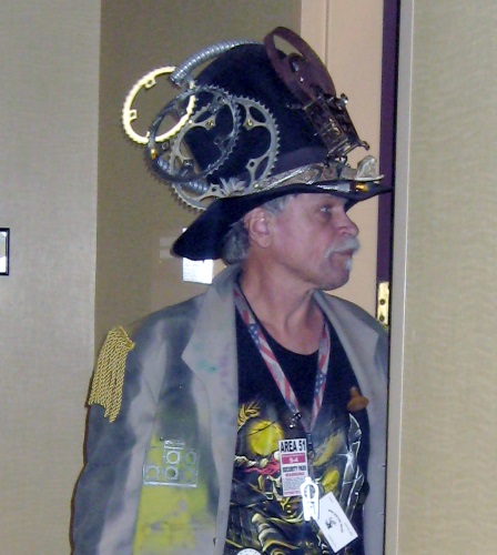 A fan in a steampunk hat at the ArmadilloCon 2012