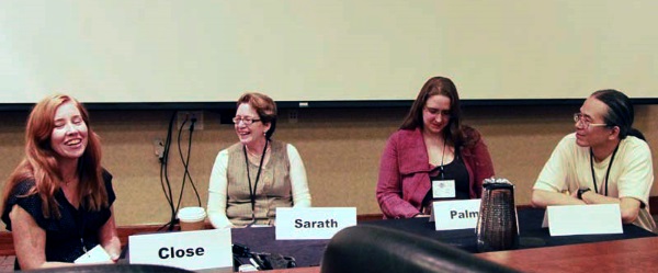 Left to right: Science Guest Sigrid Close (a professor in the Department of Aeronautics and Astronautics at Stanford University), authors Patrice Sarath and Ada Palmer, and Guest of Honor Ted Chiang on Remembering the Future panel, debating whether time is real or an illusion at the ArmadilloCon 2014