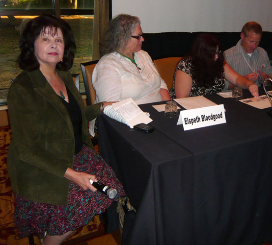 Left to right: toastmaster Nancy Kress, fan guest Elspeth Bloodgood, urban fantasy special guests Ilona and Gordon Andrews at the ArmadilloCon 2010 opening ceremony.