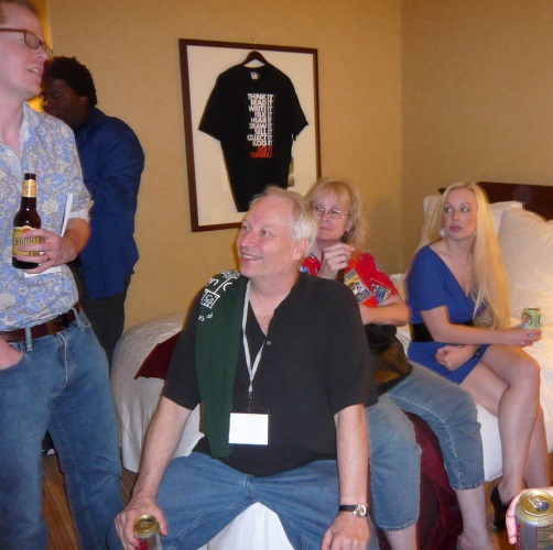 Joe, Karen, and Kasey Lansdale at a party at the ArmadilloCon 2010
